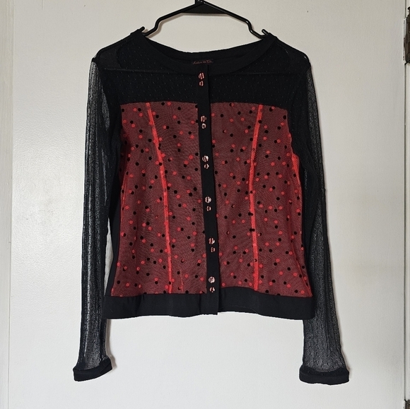 Aventures des Toiles black red polka dot whimsigoth sheer button-down shirt - Picture 5 of 12